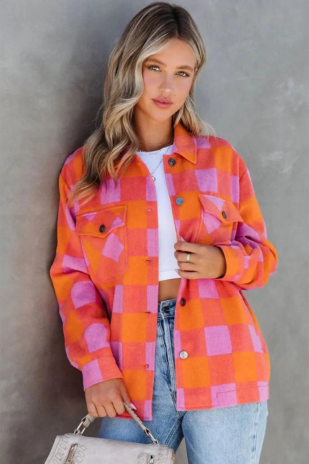Orange plaid button-up jacket - Love Salve